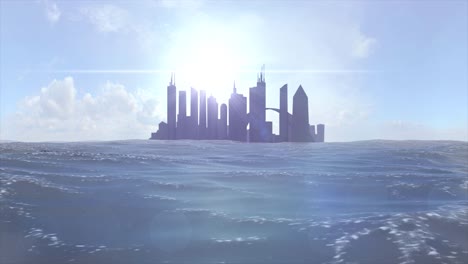 Cityscape-skyline-ocean-rising-sea-level-silhouette-skyscraper-future-island-4k